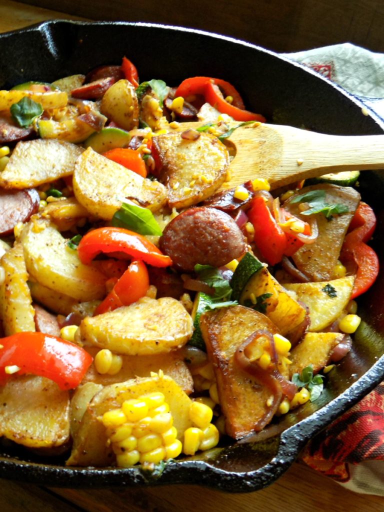 Sausage and Potato Skillet with Zucchini, Corn & Basil - My Homemade Roots