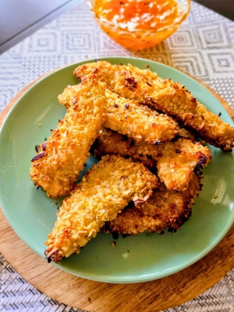 Plate of Coconut Chicken Tenders with Sweet Chili Dipping Sauce