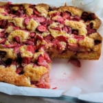 Pan of Strawberry Almond Buckle with Scoop Removed