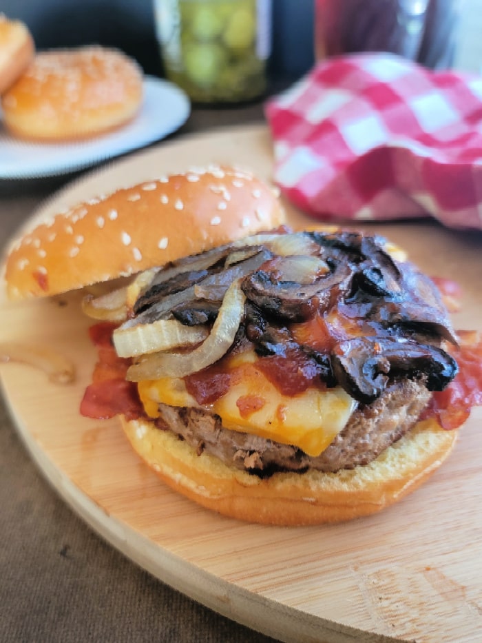 Juicy Smokehouse Style Turkey Burger with Caramelized Onions and Mushrooms