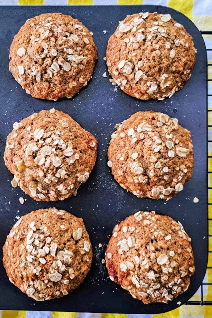 Pan of whole grain banana muffins sweetened with honey. 