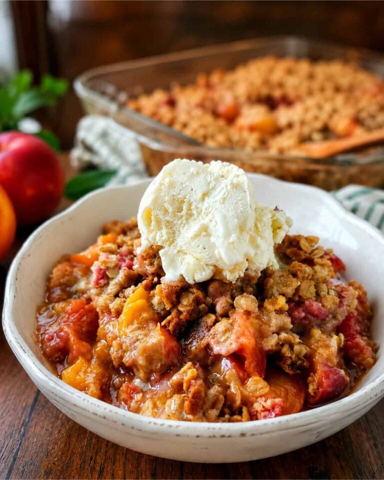 Bowl of peach cobbler with a scoop of vanilla ice cream on top, set on a wooden table with a baking dish in the background.