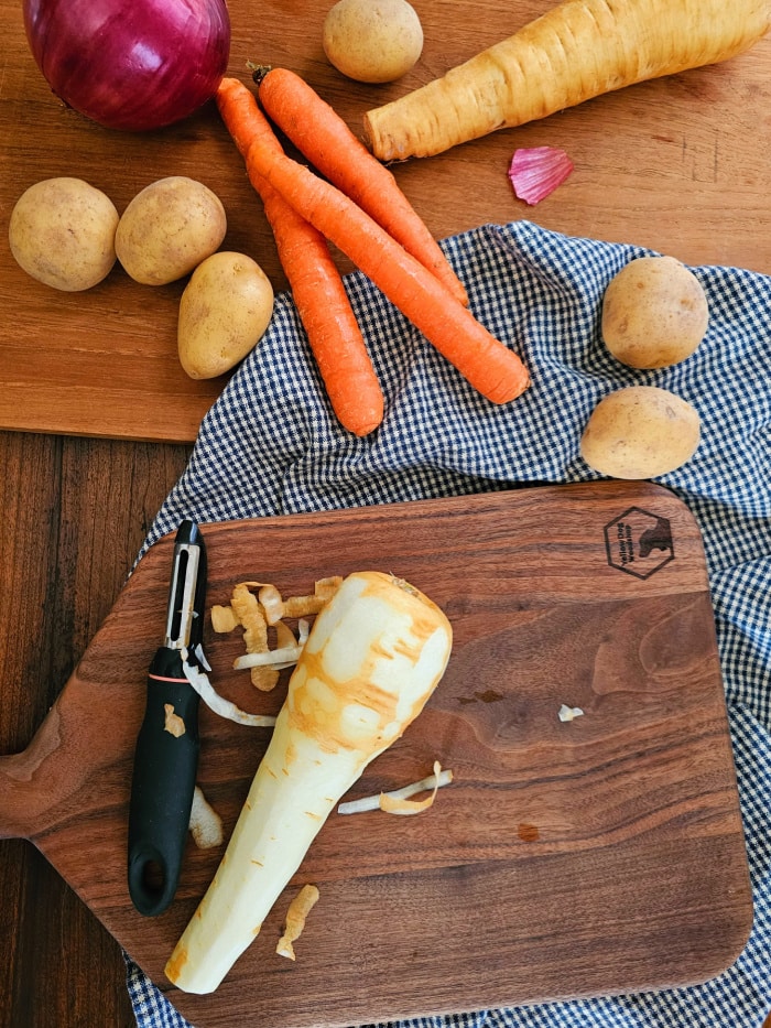 Peeling Parsnip for Sheet Pan Roasted Root Vegetables