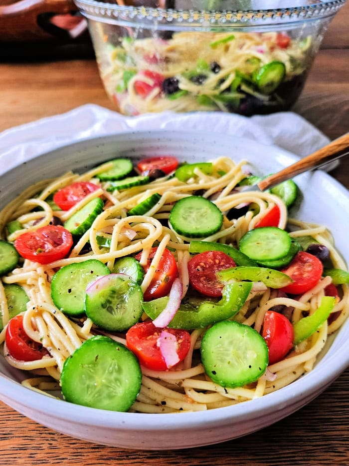 Easy Cold Spaghetti Salad with Homemade Dressing - My Homemade Roots